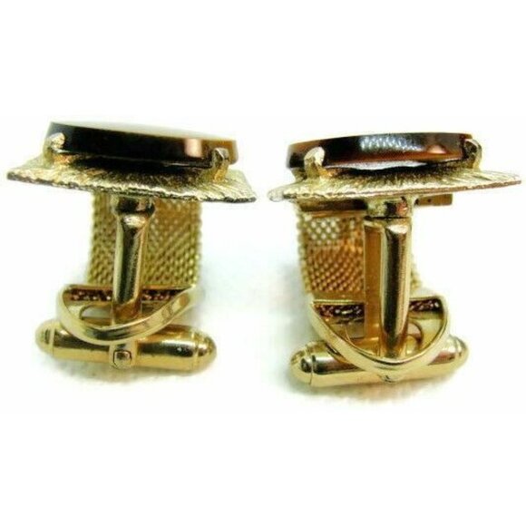 Oval Tiger Eye Mesh Wraparound Bullet Gold Tone Cuff Link Mens Vintage Cufflinks - Picture 4 of 8